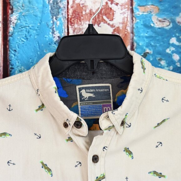 Men's Modern Amusement Shirt Fish Print Long Sleeve Button Up Pocket MEDIUM Beig - Picture 3 of 11